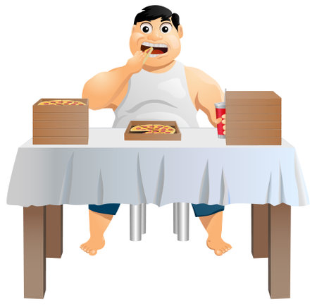 Fat man eating lots of pizzas vectorのイラスト素材