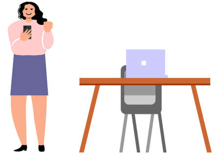 Business woman standing inside the office while holding a cell phone vectorのイラスト素材