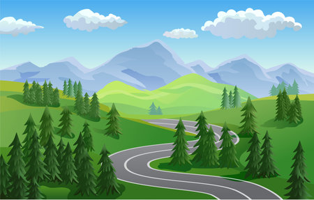 Highway with pine trees along landscape vectorのイラスト素材