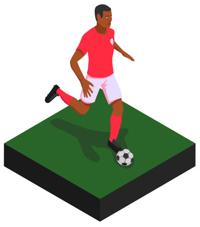Black African football player dribbling a ball in isometric viewのイラスト素材