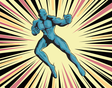 illustration of a super hero with a raised hand on a burst backgroundのイラスト素材