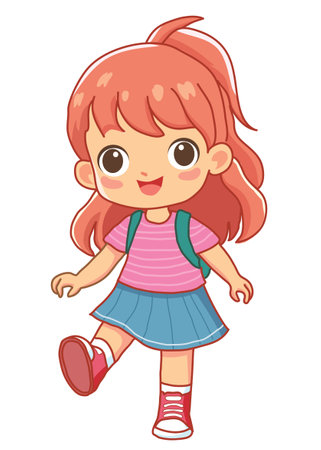 Cute little girl with backpack cartoon vector illustration isolated on white background.のイラスト素材