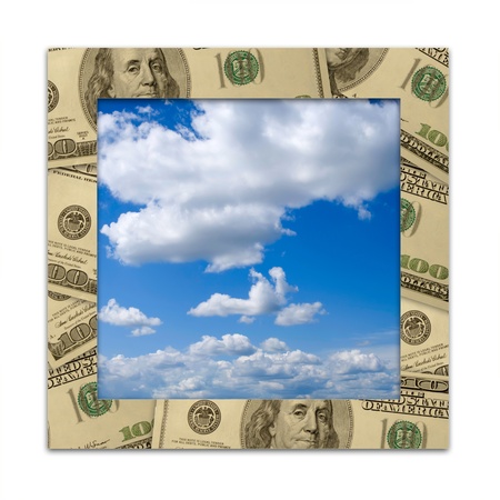 Dollars frame and blue sky with cloudsの写真素材
