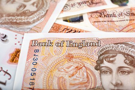 Close up photo on Bank of England 10 pounds banknote.