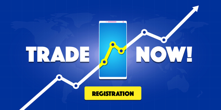 Smartphone with an arrow of the trend line of the stock chart on a blue gradient background with a grid and a map of the earth and a yellow button with text Trade Now. Registration. Vector banner 2:1のイラスト素材
