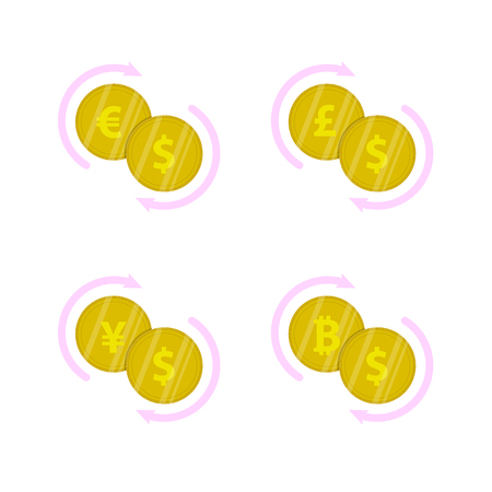 Coins 4 pairs of gold exchange currencies: US dollar, euro, pound sterling, Japanese yen, bitcoin. Vectorの写真素材