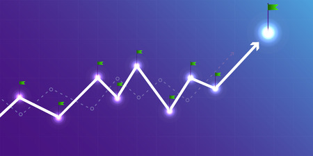 The white and dotted arrows move zigzag upward on a blue gradient background with a grid. Green flags stand on the line in places where the direction of movement is changingの写真素材