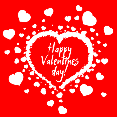 A beautiful handwritten white heart in love surrounded by small hearts with an inscription Happy Valentine Day on red clean background. Vector eps 10のイラスト素材
