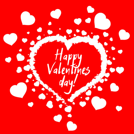 A beautiful handwritten white heart in love surrounded by small hearts with an inscription Happy Valentine Day on red clean background. Vectorの写真素材