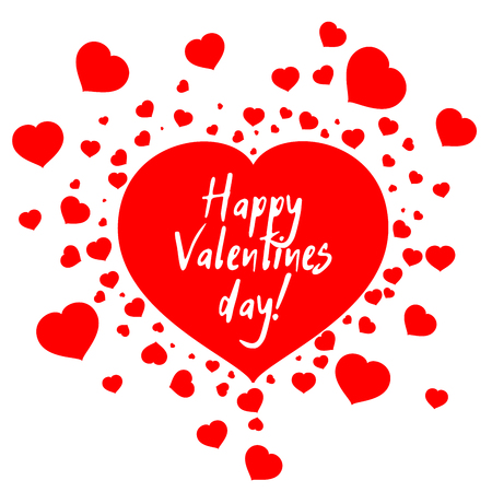 A beautiful red heart in love surrounded by small hearts with an inscription Happy Valentine Day on white clean backgroundの写真素材