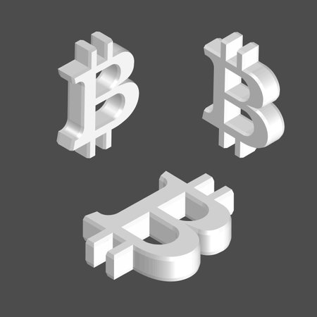 Volume image of the symbol of the cryptocurrency electronic money bit coin in three different angles: left, right, top. White signs on a dark gray background. Banner templateのイラスト素材