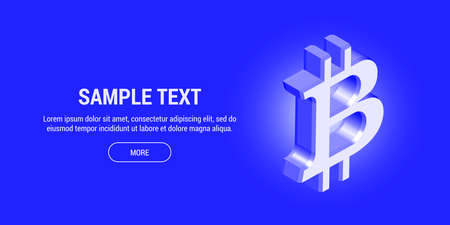 Volume symbol of the cryptocurrency bitcoin, a view from the side, on a blue background with a large title, description text and button. 3d illustrationのイラスト素材