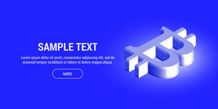 Volume symbol of the cryptocurrency bitcoin, a view from the side, on a blue background with a large title, description text and button. 3d illustrationのイラスト素材