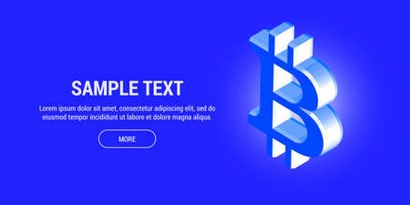 Volume symbol of the cryptocurrency bitcoin, a view from the side, on a blue background with a large title, description text and button. 3d illustrationのイラスト素材