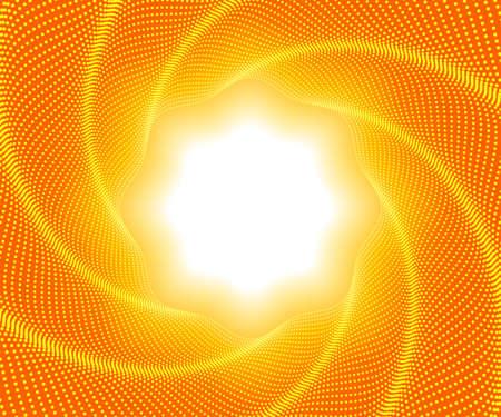 Bright solar flash of light on a beautiful orange background geometric figure from many smooth lines dots moving to the center of the screenの写真素材
