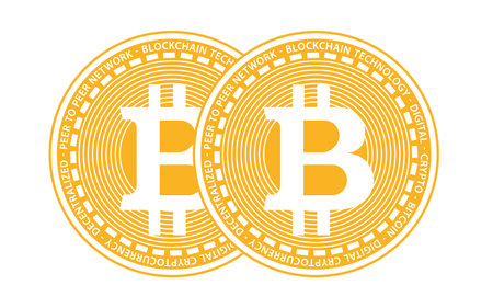 Two gold flat coins bitcoin on white backgroundのイラスト素材