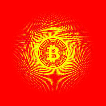 Bitcoin virtual digital crypto currency banner template. Bitcoin coin in the center of a bright sunny circular pattern.のイラスト素材