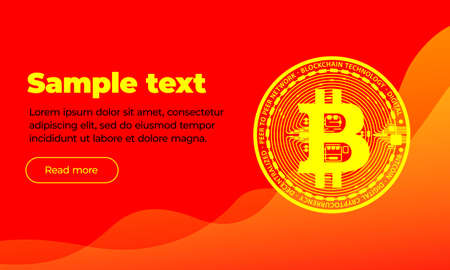 A very beautiful orange banner pattern with text, button, coin digital virtual currency bitcoin against the background of geometric pattern. chart trend upward movement. 3d illustrationのイラスト素材
