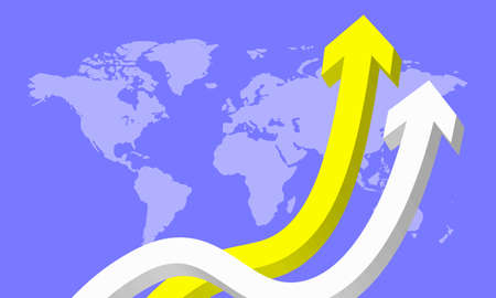 Two voluminous multicolored yellow and white arrows aimed upwards against the background of the map of the world. Rising quotes upのイラスト素材