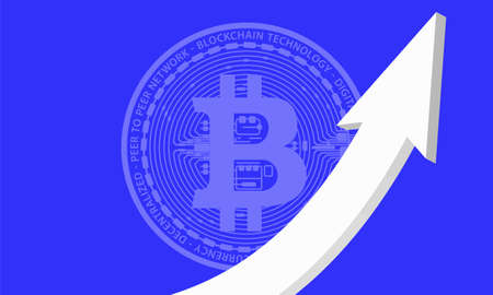 The white arrow is pointed upwards against the background of the coin virtual digital crypto currency bitcoin coin. The price of the currency rises upwards. Banner templateのイラスト素材