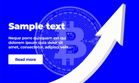 The white arrow is pointed upwards against the background of the coin virtual digital crypto currency bitcoin coin. The price of the currency rises upwards. Banner templateのイラスト素材