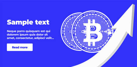 A banner template with text, a button and two coins of the digital crypto currency bitcoin near the voluminous white arrow pointed upwards. Rising value of currencyのイラスト素材