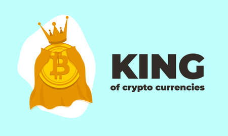 Gold coin of virtual crypto currency bitcoin in a golden crown and royal mantle. King of crypto currenciesのイラスト素材