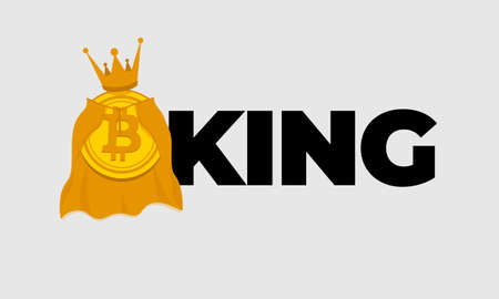 Gold coin of virtual crypto currency bitcoin in a golden crown and royal mantle. King of crypto currencies. Banner or print on clothes templateのイラスト素材