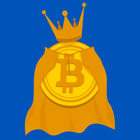 Gold coin of virtual crypto currency bitcoin in a golden crown and royal mantle. King of crypto currenciesのイラスト素材