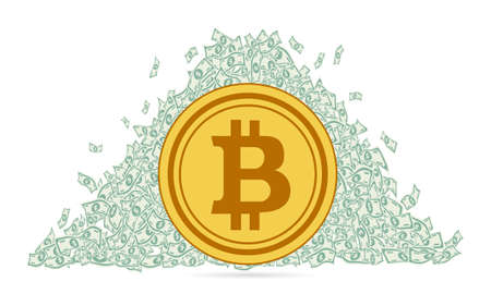 flat gold coin of electronic crypto currency bitcoin on the background of a huge mountain of heap of paper money banknotes. King of currenciesのイラスト素材