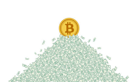 Gold flat coin of virtual digital crypto currency bitcoin standing on top of a large heap, top of a mountain, a pyramid made of paper moneyのイラスト素材