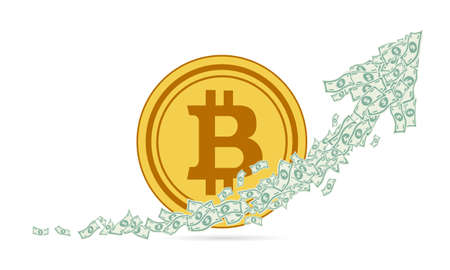 A large gold flat coin of the virtual digital crypto currency bitcoin and a large upward arrow consisting of many paper money banknotes. Price growth and trade symbolのイラスト素材