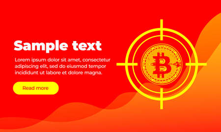 Red orange web banner template with text, read more button and flat coin virtual crypto currency bitcoin in gun sight. The hunt for bitcoinのイラスト素材
