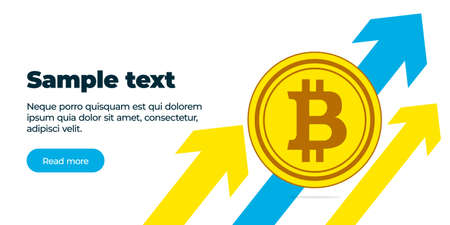 The banner is a gold coin crypto currency bitcoin against the background of three multicolored arrows aimed up with a block of text and a button. The appreciation of the currency. Sales trend upのイラスト素材