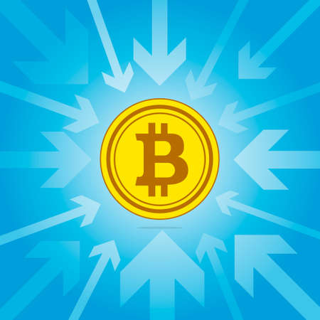 Bitcoin is the focus. The gold coin of the virtual crypto currency in the center is surrounded by arrows aimed at it. Arrows in a circle are directed to the center. Banner templateのイラスト素材