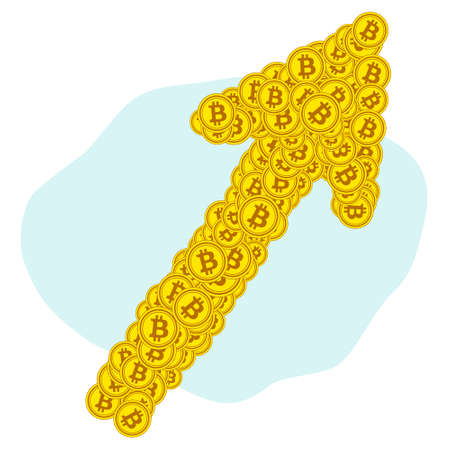 An upward arrow which consists of gold coins of the virtual cryptocurrency bitcoin. Currency value growth symbol. Trading trend upのイラスト素材