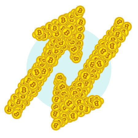 Two arrows pointing up and down, which consist of gold coins of the virtual crypto currency bitcoin. Currency growth and decline symbol. Trading trend up or down. Multidirectional movement of valueのイラスト素材