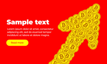 Red orange web banner template with text, read more button and An upward arrow which consists of gold coins of the virtual cryptocurrency bitcoin. Currency value growth symbol. Trading trend up.のイラスト素材
