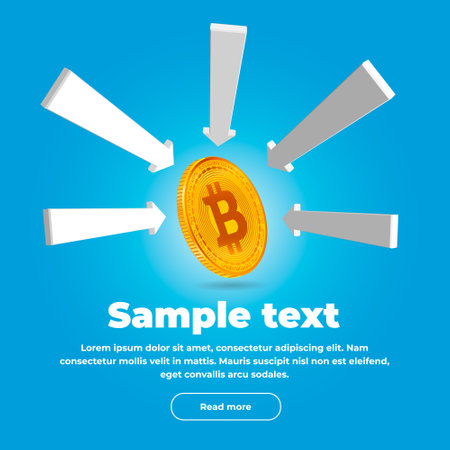 The gold volumetric coin of the virtual cryptocurrency bitcoin is in focus and surrounded by a group of volumetric arrows pointing to the center. 3d illustrationのイラスト素材