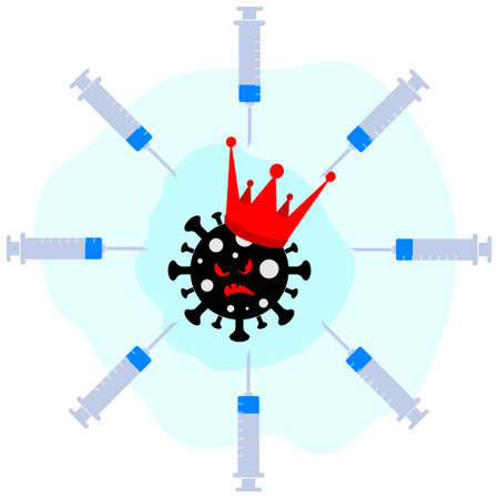 Angry aggressive black virus with a royal crown on its head surrounded by syringes with vaccine medicine. Fighting the epidemicのイラスト素材