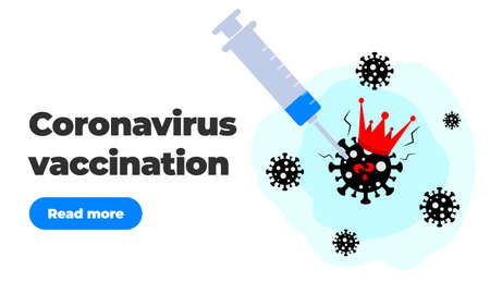 A very scared black virus coronavirus covid-19 with a royal crown on its head and a syringe with a vaccine medicine. Fighting the epidemic. Coronavirus vaccination banner header template with buttonのイラスト素材