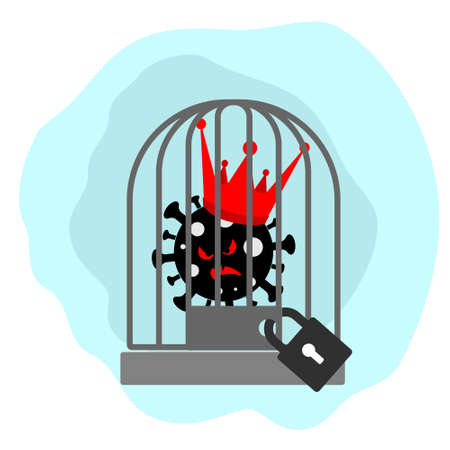 The virus in the royal crown sits in a birdcage with a large padlock on a clean backgroundのイラスト素材