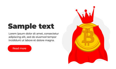 Gold coin of virtual crypto currency bitcoin in a golden crown and royal mantle. A very beautiful banner with text, button, coin. King of crypto currencies.のイラスト素材