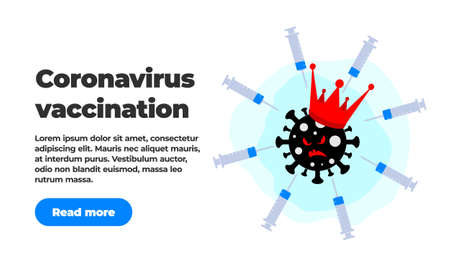 A very scared black virus coronavirus covid-19 with a royal crown on its head and a syringe with a vaccine medicine. Fighting the epidemic. Coronavirus vaccination banner header template with buttonのイラスト素材