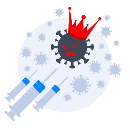 Three syringes with a vaccine and medicine attack the terrible black virus in the royal crown, which is surrounded by other viruses. Worldwide pandemic and vaccinationのイラスト素材