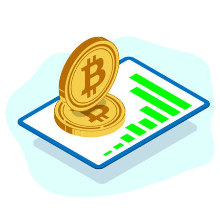 Large tablet top view with a graph of the growth of trades. De large gold volume coins of digital cryptocurrency bitcoin. The price is rising. Isometric view 3d illustrationのイラスト素材