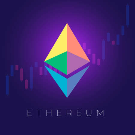 Brightly lit color symbol sign   virtual digital crypto currency Ethereum on a blue background with text on the background of a growing graph of sales of the value of the currency and an arrow pointing up. Vector illustrationのイラスト素材