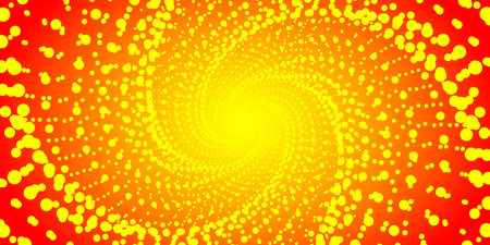 A very beautiful spiral cross pattern of yellow and orange lines and dots on a red background with a bright light in the center. Flying dots ballsのイラスト素材