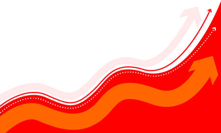 Template for banner and illustration with red and white background, assorted wavy upward pointing arrows and place for text. Template for web banner, website, print or videoのイラスト素材