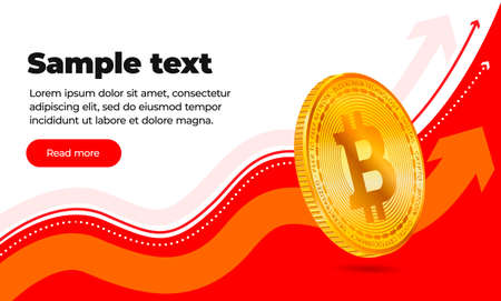 Banner with red and white background, various wavy upward pointing arrows, block with text, button and gold coin of virtual digital crypto currency bitcoin. Template for web banner, website, print or video. Vector illustrationのイラスト素材